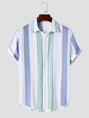 Mens Wide Striped Button Up Preppy Short Sleeve Shirts